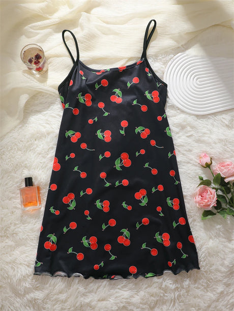 New Women's Silk Satin Print Nightwear Home Clothes Sexy Sleeveless Ruffled Hem Sleep Dress Female Comfortable Nightgown Clothes