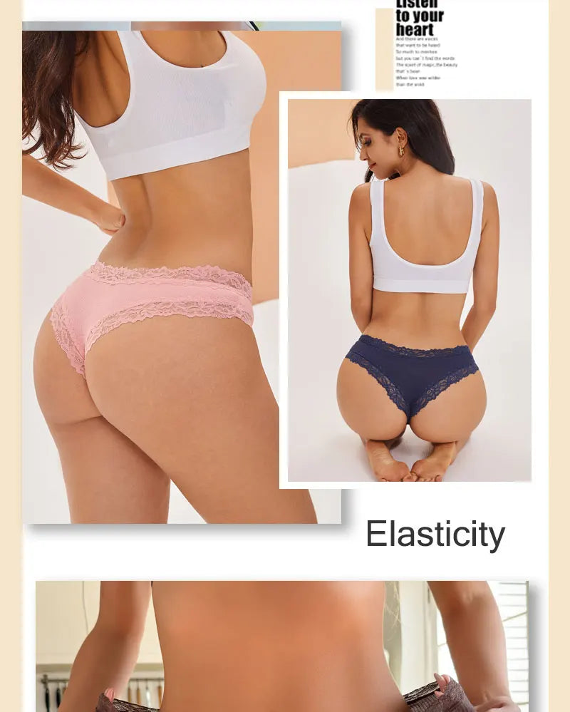 3PCS/Set Sexy Lace Seamless Cotton Brazilian Panties Women Ribbed Intimates Breathable Panties Low Waist Female Cotton Underwear