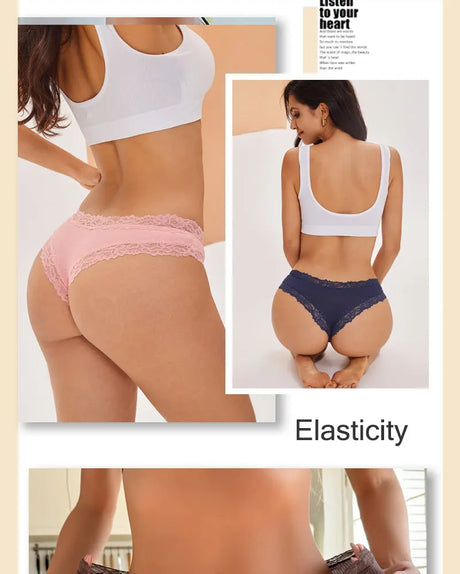 3PCS/Set Sexy Lace Seamless Cotton Brazilian Panties Women Ribbed Intimates Breathable Panties Low Waist Female Cotton Underwear