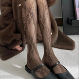 Harajuku Black White Brown Hollowed Out Lace Mesh Pantyhose Floral Rattan Bottomed Stockings Sexy Women Tights Fashion Hosiery