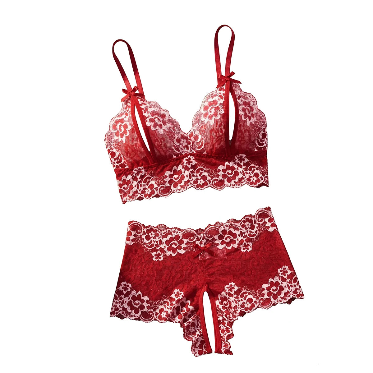 Women Sexy Christmas Lace Lingerie Set Contrast Color Hollow Deep V Bra Bowknot Easy Access Sheer Mesh Two Piece Night Outfit