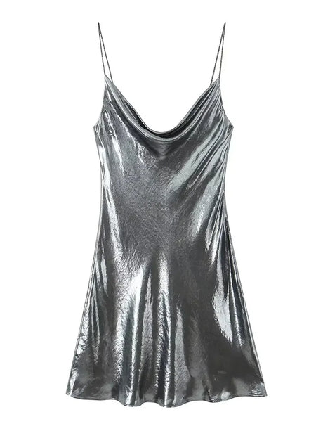 HH Women's Sexy Shinning Metallic Color Slip Mini Dress Woman Fashion Spaghetti Strap Pleated V-neck Slim Party Dresses