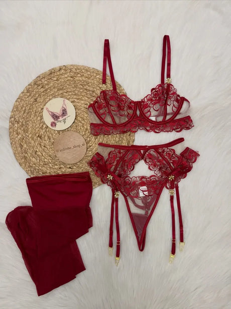 Women's Burgundy Lace Lingerie Set Underwire Bra Thong Panty Garter Straps Stockings Floral Embroidery Sexy Underwear Outfit