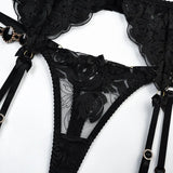 Luxury Floral Embroidery Lace Women's Lingerie Sets Seductive Jewel Strap Sheer Push Up Bra Panty Garter Belt 3PC Sexy Underwear