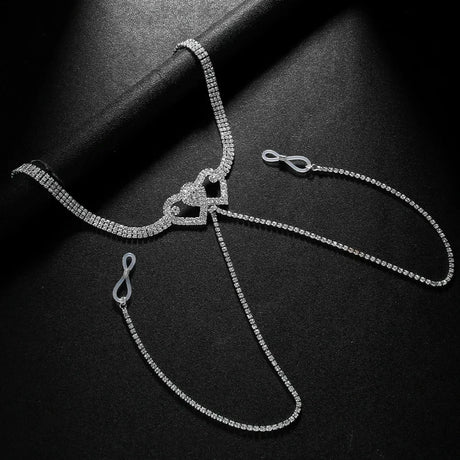 Sexy Double Heart Nipple Chain Necklace for Women Bikini Lingerie Festival Clothing Rhinestone Chest Chain Nightclub Jewelry