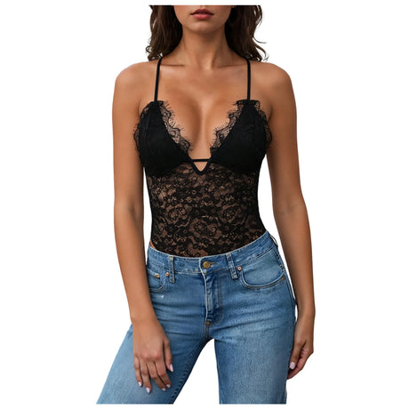 White Black Eyelash Lace Bodysuits Women Spaghetti Strap Deep V Neck Sheer Floral Lace Romper Sexy High Cut Summer Clubwear 2026