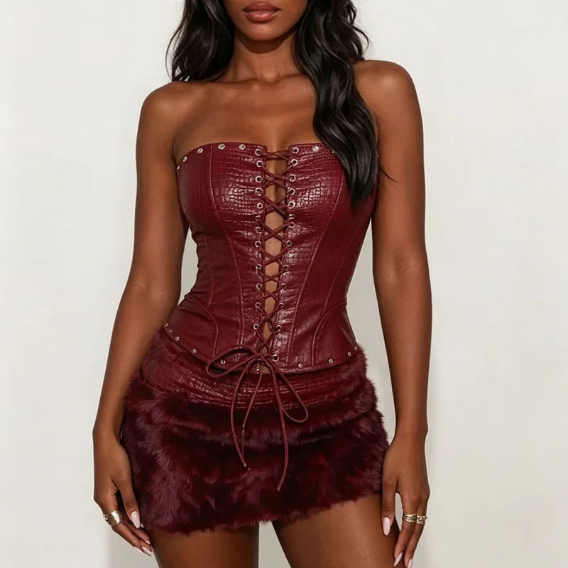 Elegant Sleeveless Slim Mini Skirt Outfits Sexy Strapless Bandage Lace-Up Vest & Skirt Set Women Fashion Fur Splicing Solid Suit