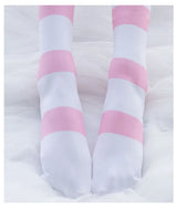 Lolita Over Knee Socks Pink Strip Kawaii Cat Paw Print Stockings Lolita Gothic Velvet Over The Knee Thigh High JK Long Stockings