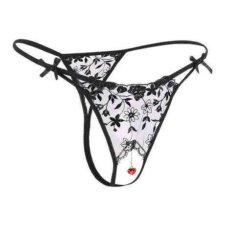 Women Sexy Crotchless Thong with Pearl Pendant Lace Embroidery Transparent G-string Tanga Underwear Lingerie