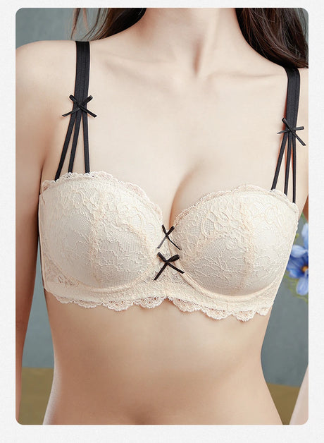 Half Cup Hot Bra Gathered Bowknot Brassiere Thin Large Size Push Up Lace Tube Top Lace Big Chest Revealing Small Lace Bra 9013A