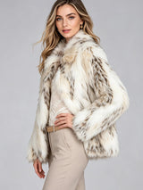LIMO Women White Grey Spotted Faux Fur Notch  Open Front Long Sleeve Cropped Fluffy Warm Winter Loose Fashion Daily Coat