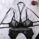 Ellolace See Through Sexy Lingerie Exclusive Halter Belt 3PC Stockings Luring Silver Cross Rhinestone Backless Harness Underwear