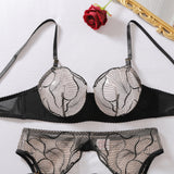 Ellolace Seductive Women's Lingerie Sets Hot Nude Floral Mesh Bra Belt Thong 3PC Stockings Cougar Exortic Chic Girls' Underwear