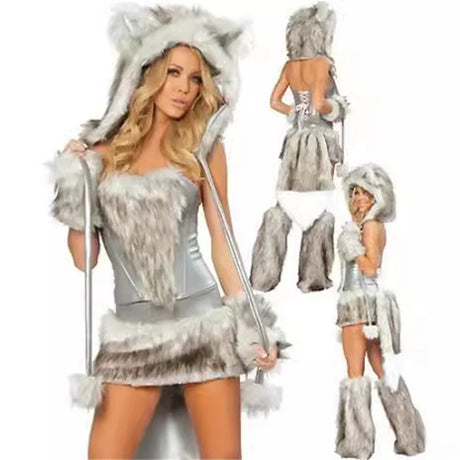 Sexy Christmas Ladies Costume Halloween Cosplay Big Tail Wolf Role Play Party Maid Seduction Santa Claus Gift Womens Uniform
