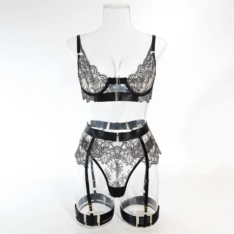 Krasapt Luxury Black Flower Embroidery Lingerie 4 Pcs Sets Fancy Mesh Transparent Metal Buckle Bra And Thong Garter Erotic Set