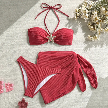 Metal Starfish Brown Bandeau Bikinis Sets 3 Pieces Sexy Swimsuit Cover Up Women 2026 Holiday Swimwear High Cut Bather Beach Wear