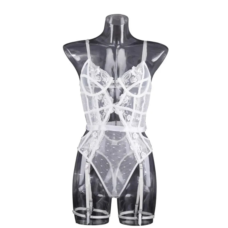 Tornova Lace Embroidery Jumpsuit For Women Mesh Patchwork See-through Sexy Hollow Out Underwear Solid Color Garters Underwear