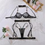 2026 Fashion Heavy Crafted Metal Decorative Lingerie Set with Buckle Women Mesh Transparent Bra Lady Sexy Body Shaping Underwear