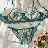 Sexy Custom Thong Name Embroidery Lingerie Set Customized Women Name Thong Sheer Bra + Brief Underwear Set Personalized Gift