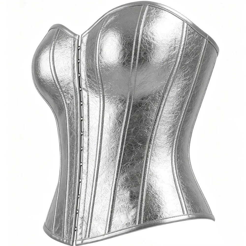 Women's Silver Metallic Strapless Corset Bustier Front Hook Back Lace-Up Waist Cincher Party Top
