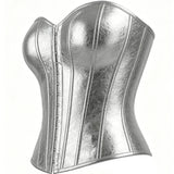 Women's Silver Metallic Strapless Corset Bustier Front Hook Back Lace-Up Waist Cincher Party Top