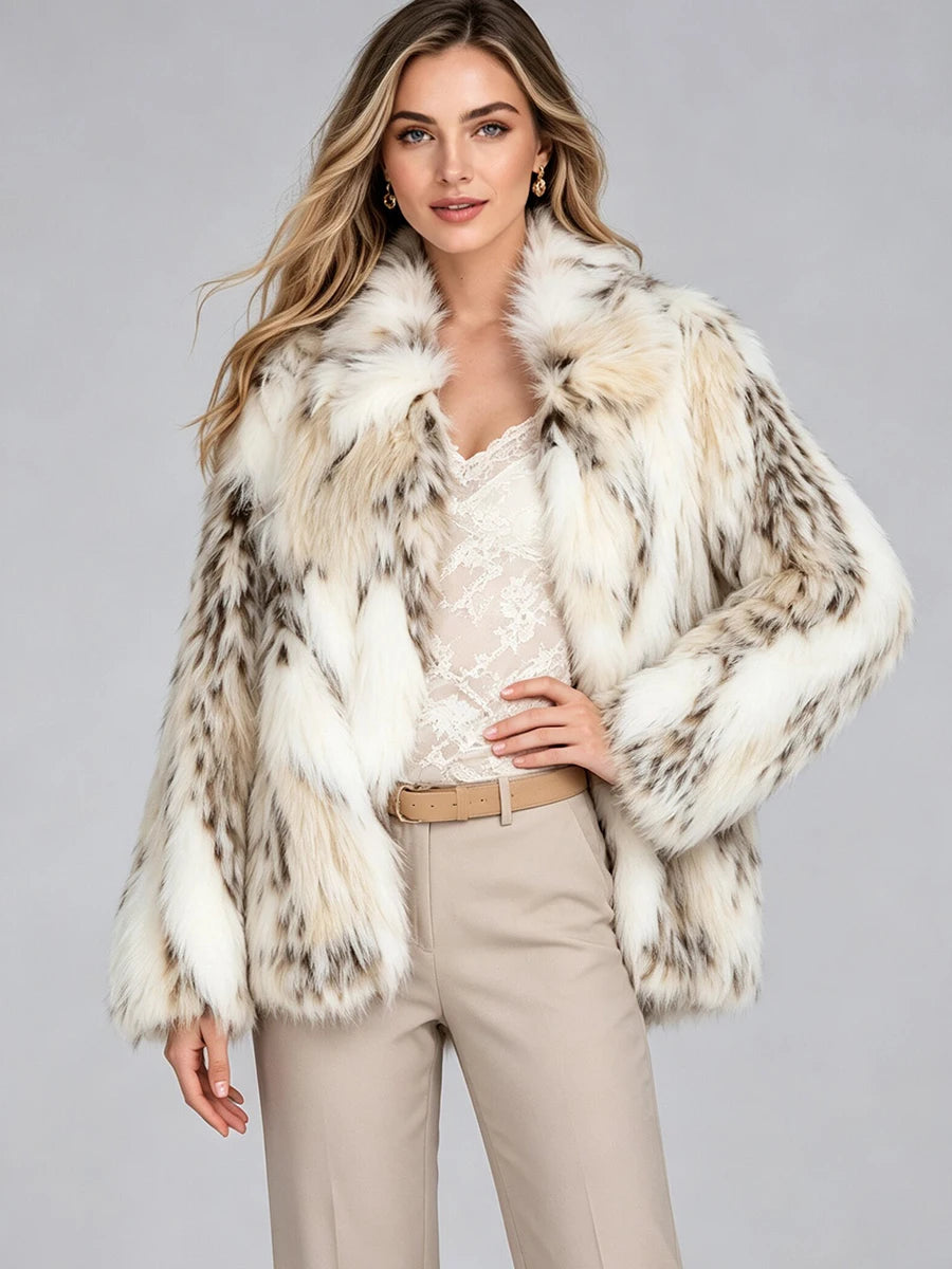 LIMO Women White Grey Spotted Faux Fur Notch  Open Front Long Sleeve Cropped Fluffy Warm Winter Loose Fashion Daily Coat