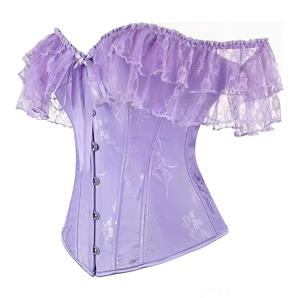 Women Sky Blue Retro Jacquard Corset Tops Lace Short Sleeved One Shoulder Sexy Slimming Shaper Overbust Bustiers Lingerie