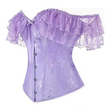 Women Sky Blue Retro Jacquard Corset Tops Lace Short Sleeved One Shoulder Sexy Slimming Shaper Overbust Bustiers Lingerie