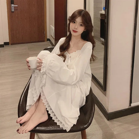 Long Sleeve Princess Style Nightdress Women's Pajamas Lace Palace Korean Version Loose Plus Size 2024 New Homewear Birthday Gift