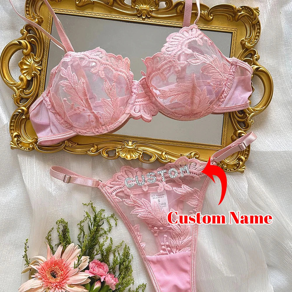 Personalized Thong with Name Embroidery Floral 2pc ingerie Set Custom Your Name Thong Sheer Bra Brief Underwear Anniversary Gift