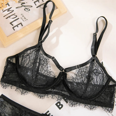 Krasapt Fancy Lace Sexy Lingerie 4 Pcs Sets Sexi Hollow Out Sheer Bras And Thongs Garter Suits With Peplum Skirt Erotic Outtits