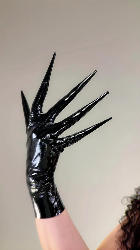 POINTED FINGER GLOVES 85cm 33" Long Spike Shoulders Patent Faux Leather PU Arm Warmers Shine Black LLDLLNT