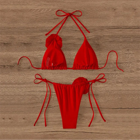 Sexy Flower Bandeau Swimwear Thong Bikini 2026 Women Lace-up Swimsuit Swimming Bathing Suit Brazilian Bikinis Sets Mujer Biquini
