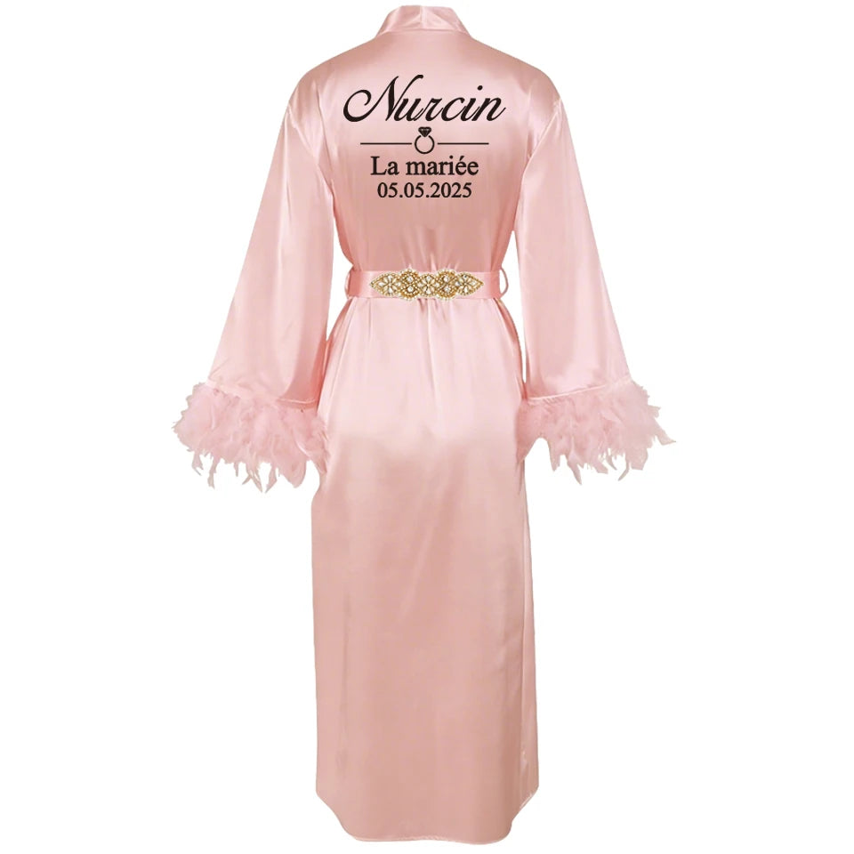 Customized Bathrobe for Women Personalized Name And Date Robe Add Any Text Gown for Bridal Party Feather Bride Robes
