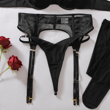 Exclusive Women's Lingerie Intimate Set Romantic Lace Capelet Bra Garter Thong 3PC Stockings Oriental Vintage Chic Girls' Outfit