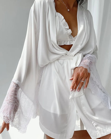 Pajama Sets Patchwork Lace Robe Sets With Bra Satin Sexy Underwear Set Woman 3 Pieces Sleepwear Sets Bathrobes 2023 Nightwear