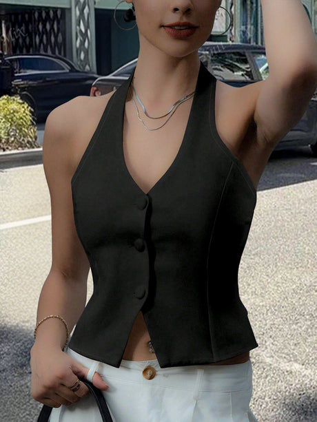 Women Black Halter Neck Button Vest Top Sleeveless V-Neck Slim Fit Back Tie Casual Streetwear Cropped Tank Top