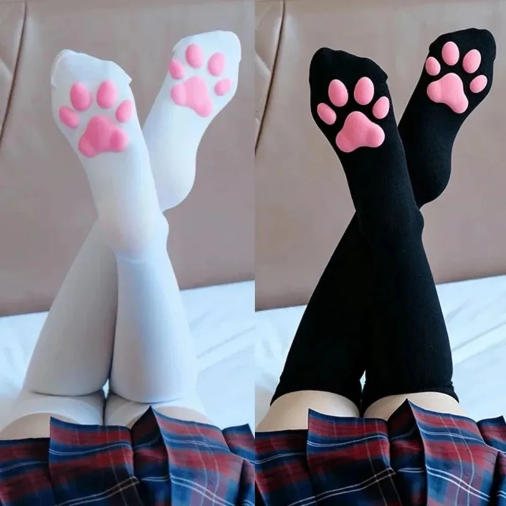 1 Pair 3D Cat Paw Meat Pad Knee High Socks, Home Floor Socks,Creative Funny Socks For Girls