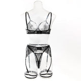 Krasapt Fancy Lace Sexy Lingerie 4 Pcs Sets Sexi Hollow Out Sheer Bras And Thongs Garter Suits With Peplum Skirt Erotic Outtits