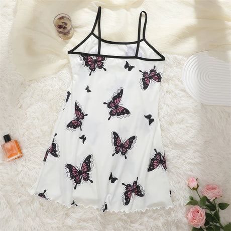 New Women's Silk Satin Print Nightwear Home Clothes Sexy Sleeveless Ruffled Hem Sleep Dress Female Comfortable Nightgown Clothes