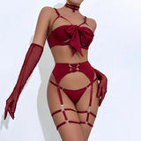 Cupless Lingerie Set Silk Bra Thigh Straps 3Piece Satin Bowknot Erotic Underwear for Women