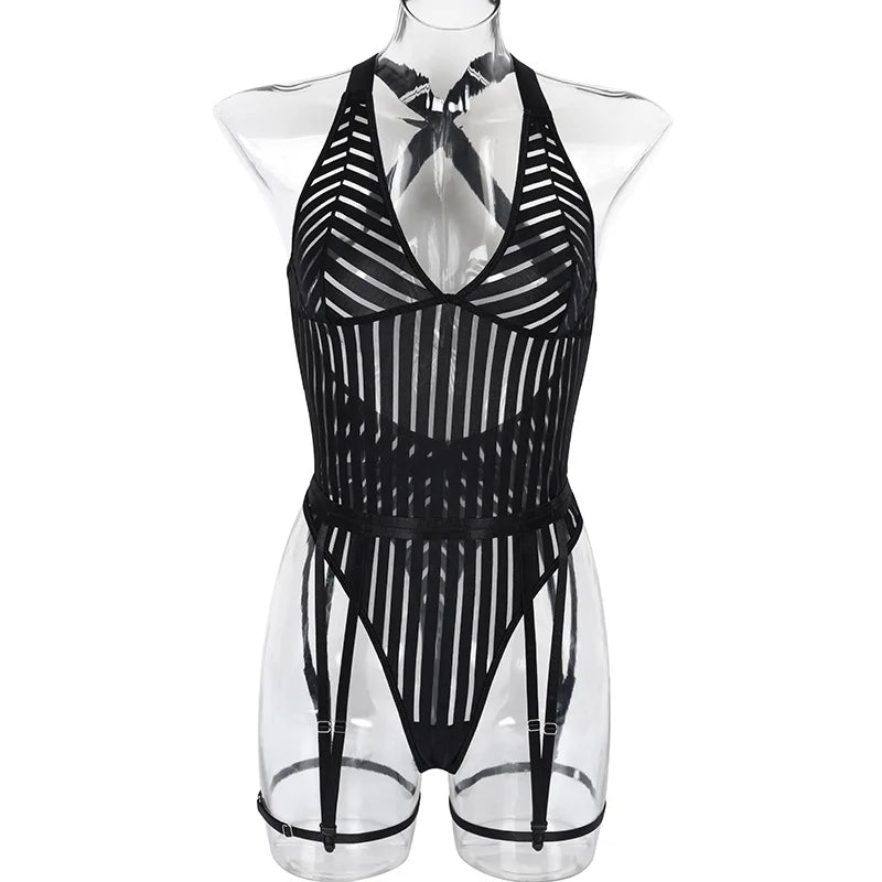 Diccvicc Women Mesh Bodysuit See Through V Neck Sexy Underwear Black Intimate Lingerie Exotic Apparel Backless Fishnet Teddies