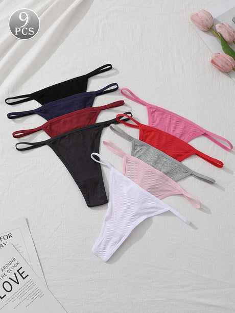 9Pcs Sexy Thong Panties Ribbed Low Waist Seamless Thongs Soft Briefs Breathable Comfortable G-String Underwear Simple Style