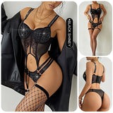 Sexy Lingerie Shiny Rhinestones Bra and Panties Set Charming Erotic Lingerie Soft Steel Ring Push Up Bralette 3 Pcs Lingerie Set