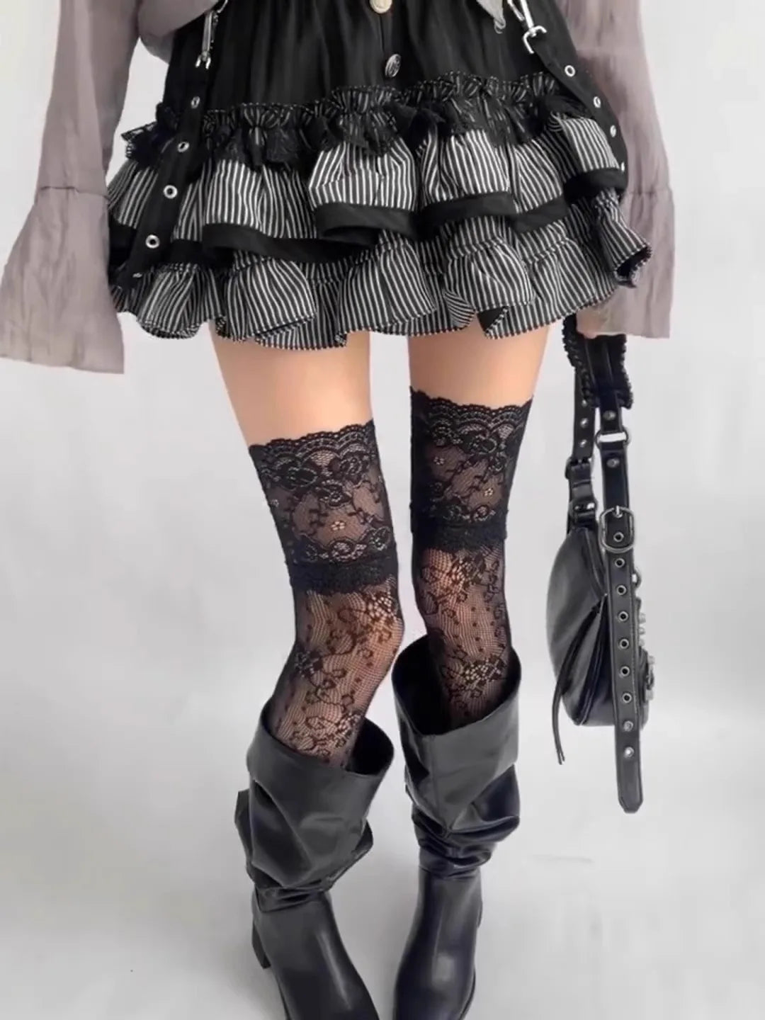 Women Fishnets Stockings Sexy Lace Fishnet Floral Knee High Socks Breathable Hollow-out JK Mesh Lolita Retro Thigh Highs Socks