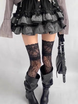 Women Fishnets Stockings Sexy Lace Fishnet Floral Knee High Socks Breathable Hollow-out JK Mesh Lolita Retro Thigh Highs Socks