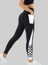Contrast Geometric Print Pocket Yoga Leggings for Women, High Waist Compression Workout Gym Fitness Trousers