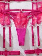 Premium Rhinestone Chain Embroidered Lingerie Set for Women 3PC Sexy Shiny Cougar Design with Leg Rings Attractive Underwear
