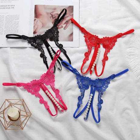 Women's panties Women's Sexy Transparent Thong Underwear Hollow out Pearl Massage Open File T-shaped Thin Embroidered Perspectiv