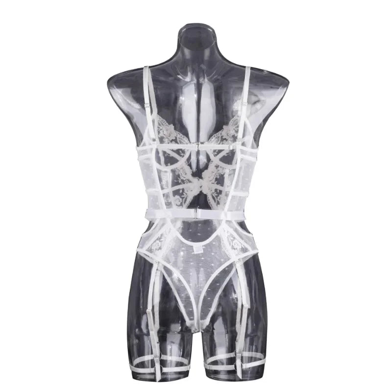 Tornova Lace Embroidery Jumpsuit For Women Mesh Patchwork See-through Sexy Hollow Out Underwear Solid Color Garters Underwear
